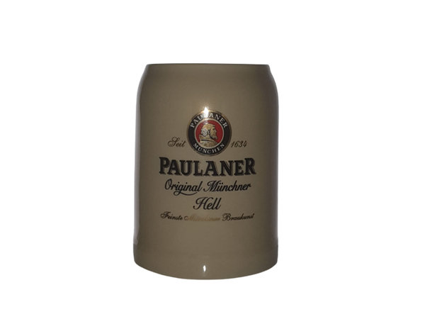Paulaner Bier Krug Steinkrug Bierkrug mit Karbiner Halterung gelb/gold