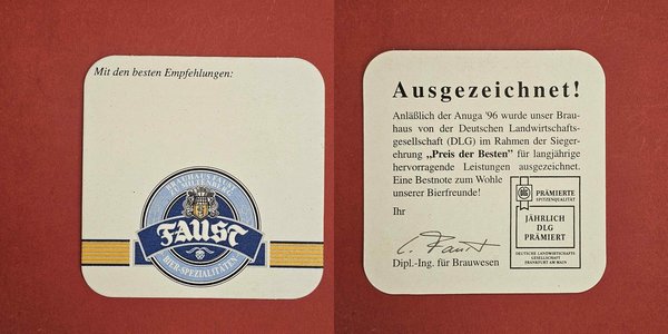 Faust Ausgezeichnet! Brauerei Bierdeckel Coaster Beermat