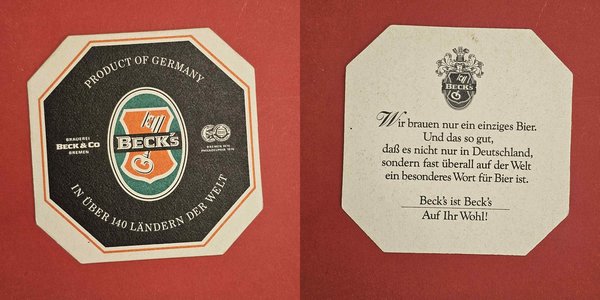 Becks 8eckig 1 Seite schwarz Brauerei Bierdeckel Coaster Beermat