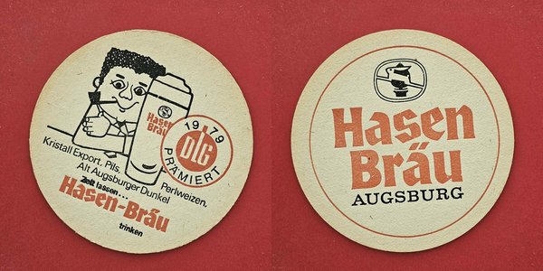 Hasen-Bräu Augsburg Mann mit Pfeife Brauerei Bierdeckel Coaster Beermat