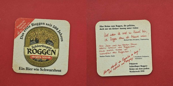 Schierlinger Roggen wie Schwarzbrot Brauerei Bierdeckel Coaster Beermat