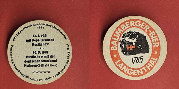 Baumberger-Bier Langenthal - Musikshow 1981 - Brauerei Bierdeckel Bier